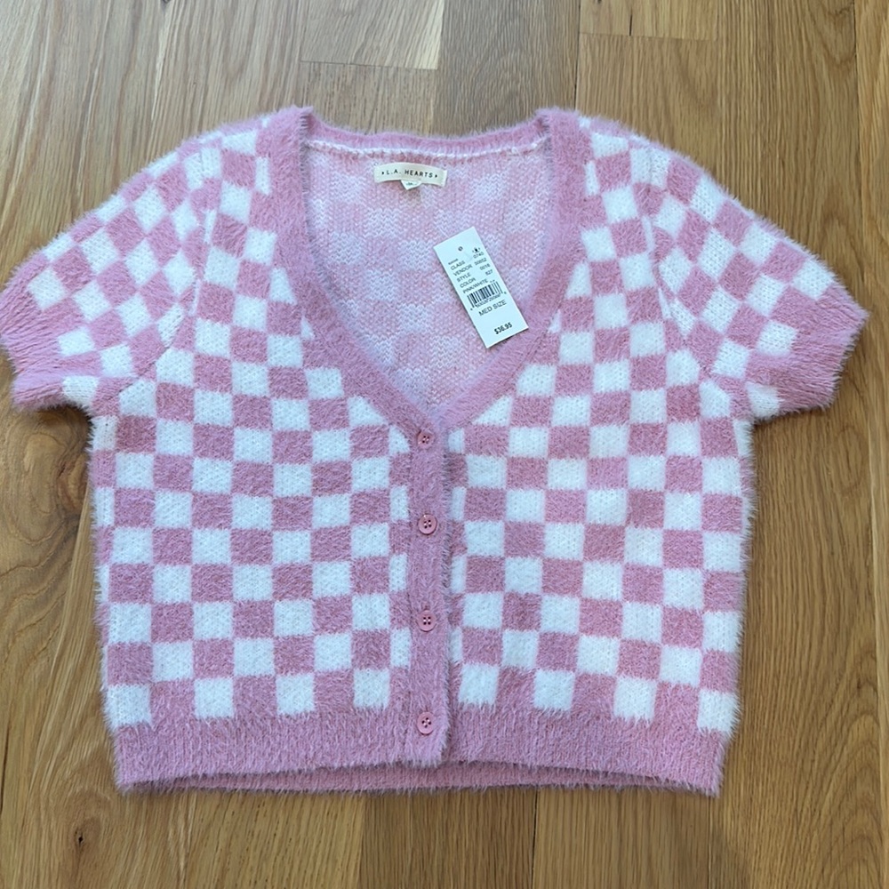 La hearts check short sleeve cardigan